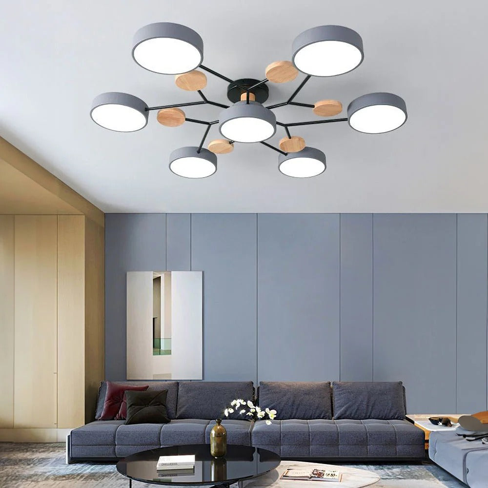 Modern Round Iron LED Chandelier Light – Energy-Efficient Semi-Flush Mount Lighting for Dining Room and Entryway