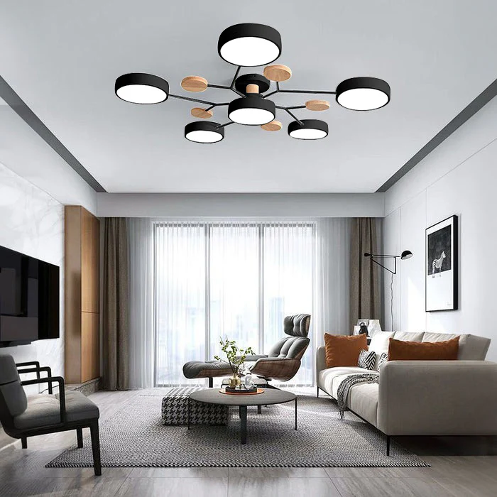 Modern Round Iron LED Chandelier Light – Energy-Efficient Semi-Flush Mount Lighting for Dining Room and Entryway