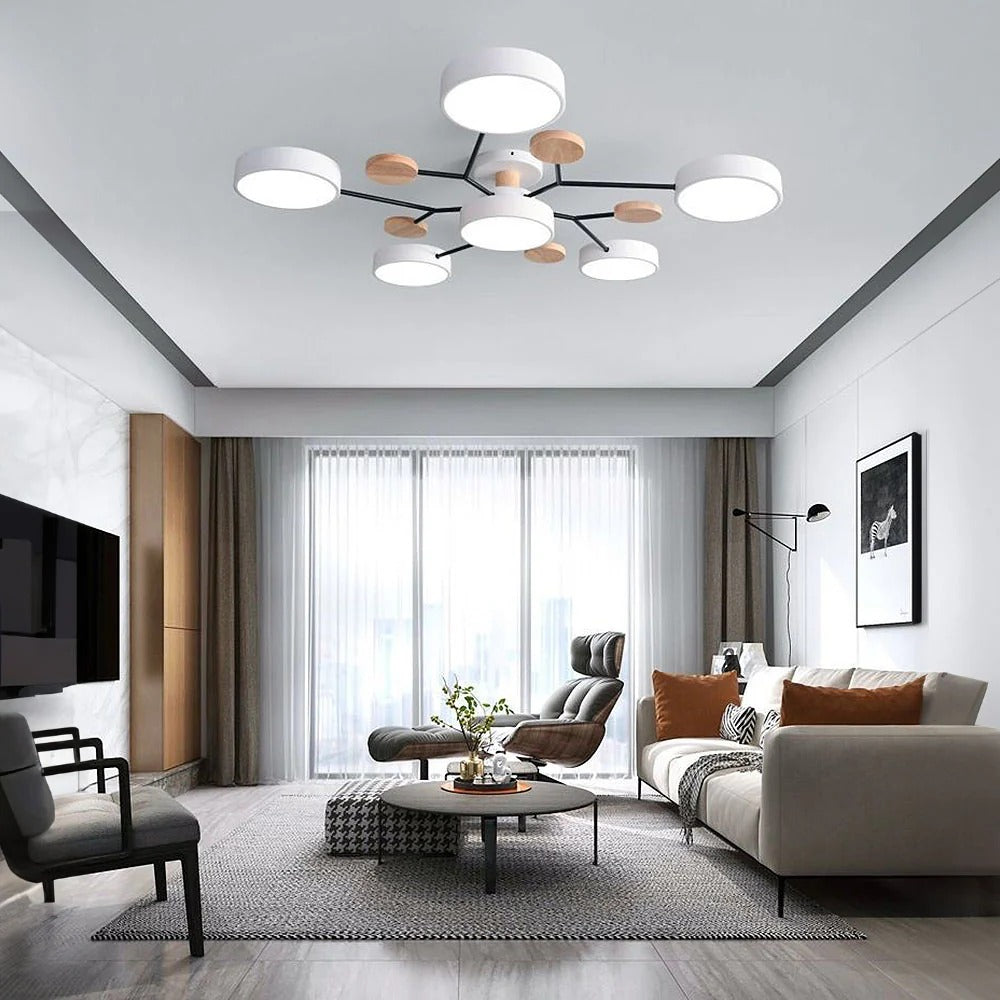 Modern Round Iron LED Chandelier Light – Energy-Efficient Semi-Flush Mount Lighting for Dining Room and Entryway