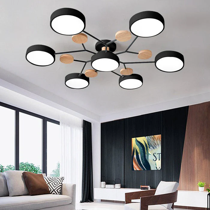 Modern Round Iron LED Chandelier Light – Energy-Efficient Semi-Flush Mount Lighting for Dining Room and Entryway